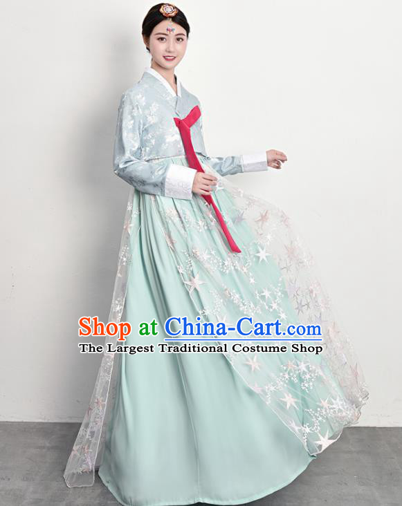 Traditional Korean Palace Princess Blue Blouse and Dress Outfits Asian Court Dress Korea Ancient Female Garment Costumes