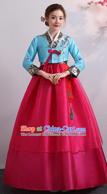 Korea Ancient Court Garment Costumes Korean Palace Princess Embroidered Blue Blouse and Rosy Dress Traditional Wedding Outfits Asian Bride Dress