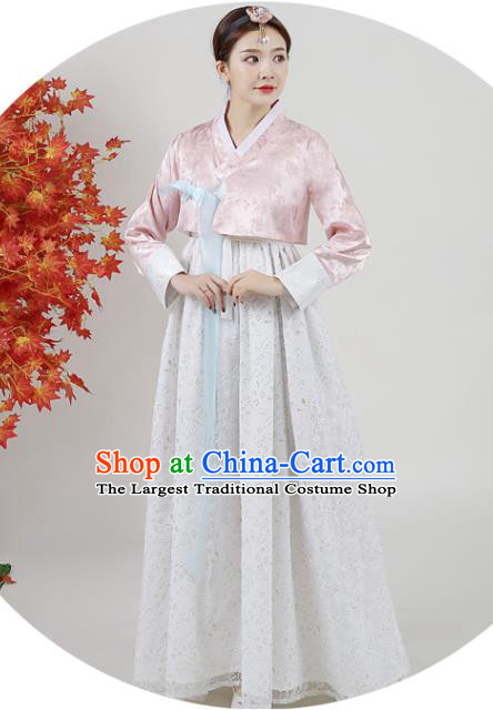 Korean Court Hanbok Peach Pink Blouse and White Dress Asian Korea Classical Dance Outfits Traditional Wedding Dress Ancient Bride Garment Costumes
