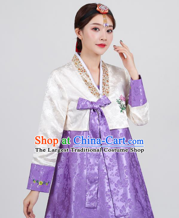 Korean Ancient Court Garment Costumes Asian Korea Embroidered White Blouse and Purple Dress Traditional Wedding Hanbok Uniforms Dance Clothing