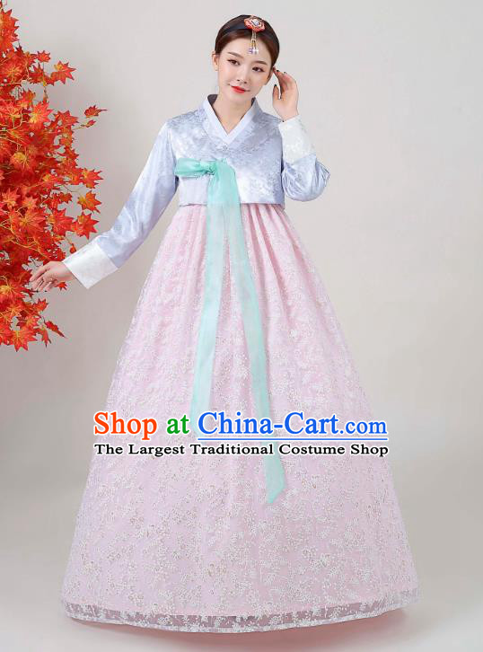 Korean Traditional Wedding Dress Ancient Bride Garment Costumes Court Blue Blouse and Pink Dress Asian Korea Classical Dance Outfits