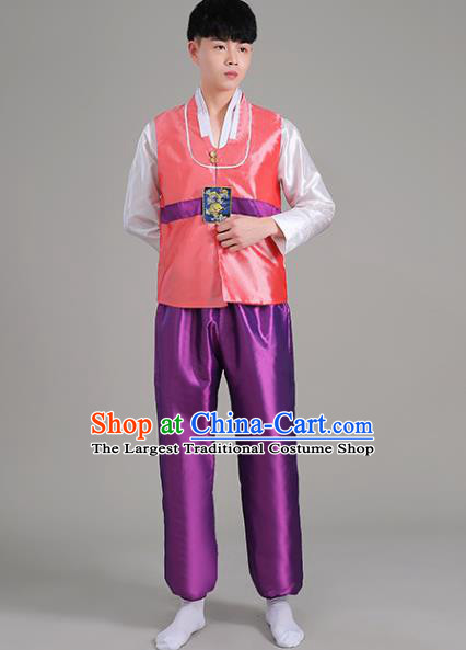 Korea Stage Performance Clothing Pink Vest White Shirt and Purple Pants Korean Male Costumes Traditional Wedding Suits