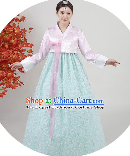 Korean Classical Dance Outfits Traditional Wedding Dress Asian Korea Ancient Bride Garment Costumes Court Pink Blouse and Green Dress