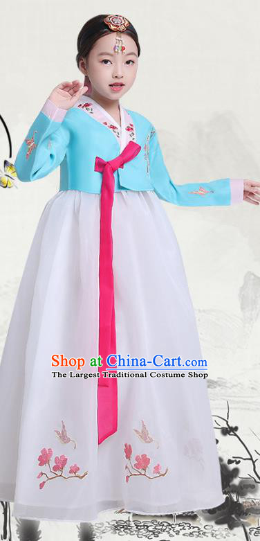 Asian Traditional Girl Hanbok Clothing Korean Court Princess Garment Costumes Korea Children Embroidered Blue Blouse and White Dress