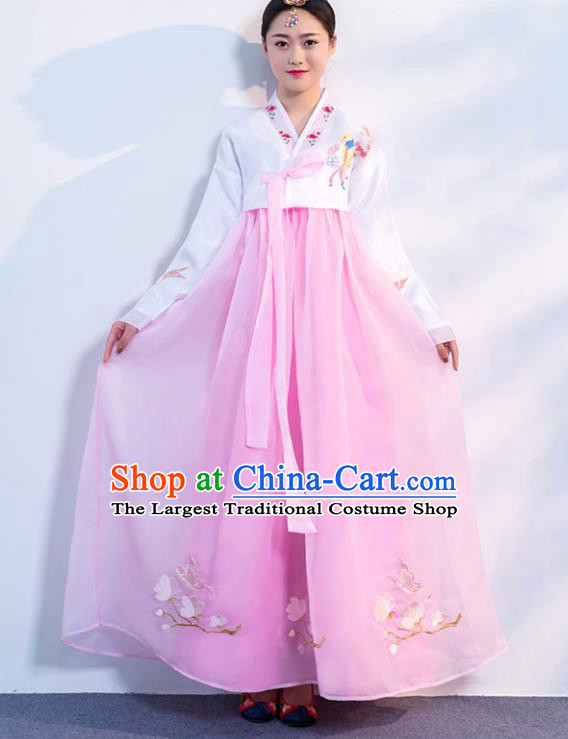 Korea Traditional Embroidered White Blouse and Pink Dress Asian Korean Hanbok Uniforms Ancient Court Dance Clothing