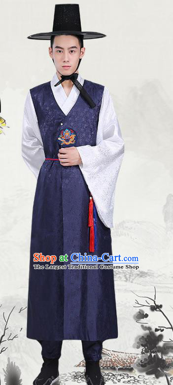 Korean Prince Wedding Costumes Traditional Male Hanbok Suits Korea Court Clothing Navy Long Vest White Shirt and Pants