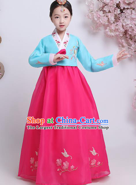 Korean Court Princess Garment Costumes Asian Korea Children Embroidered Blue Blouse and Rosy Dress Traditional Girl Hanbok Clothing