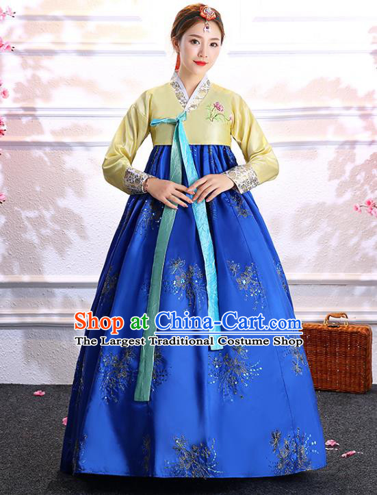 Asian Traditional Hanbok Korean Court Bride Fashion Garments Korea Wedding Clothing Classical Dance Embroidered Yellow Blouse and Blue Dress
