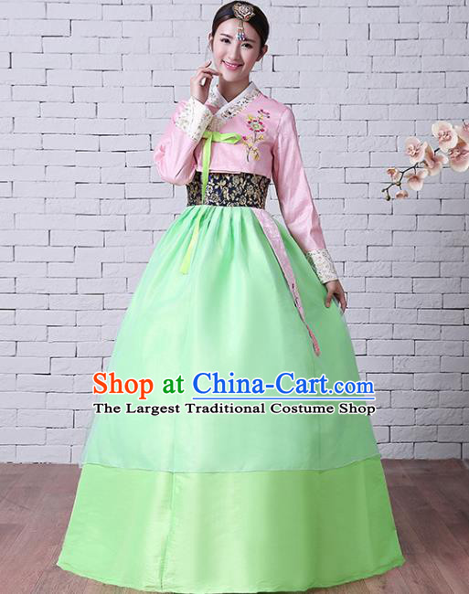 Asian Korea Wedding Clothing Classical Embroidered Pink Blouse and Green Dress Korean Court Hanbok Traditional Bride Fashion Garments