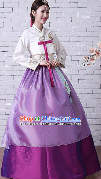 Korean Classical Embroidered White Blouse and Purple Dress Court Hanbok Asian Traditional Bride Fashion Garments Korea Wedding Clothing