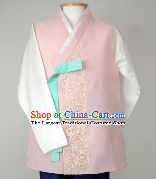 Korean Traditional Costumes Classical Wedding Bridegroom Clothing Korea Young Male Hanbok Pink Vest White Shirt and Navy Pants