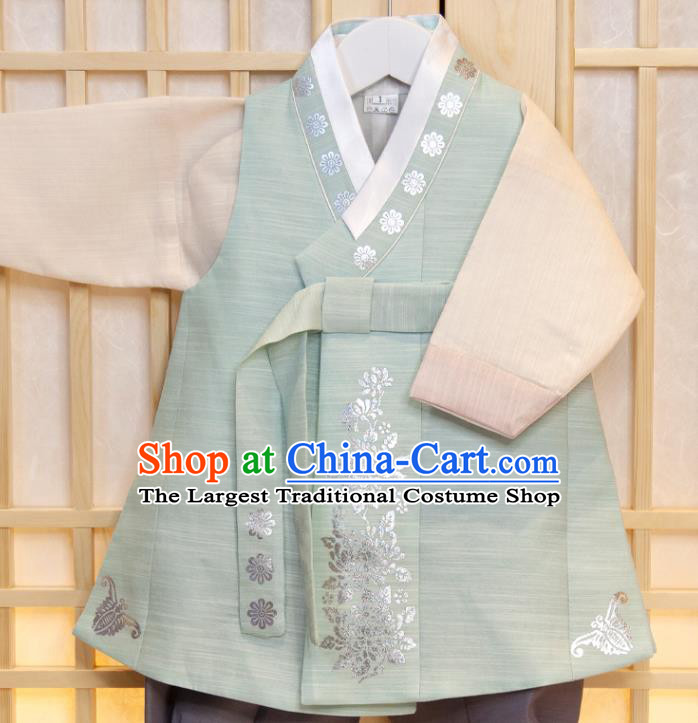 Korea Traditional Fashion Clothing Korean Children Garment Green Vest Beige Shirt and Grey Pants Boys Prince Birthday Hanbok Costumes