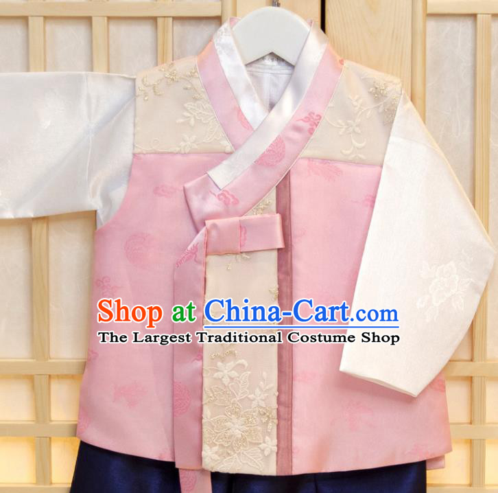 Korea Boys Prince Birthday Hanbok Costumes Korean Traditional Fashion Clothing Children Garment Pink Vest White Shirt and Navy Pants