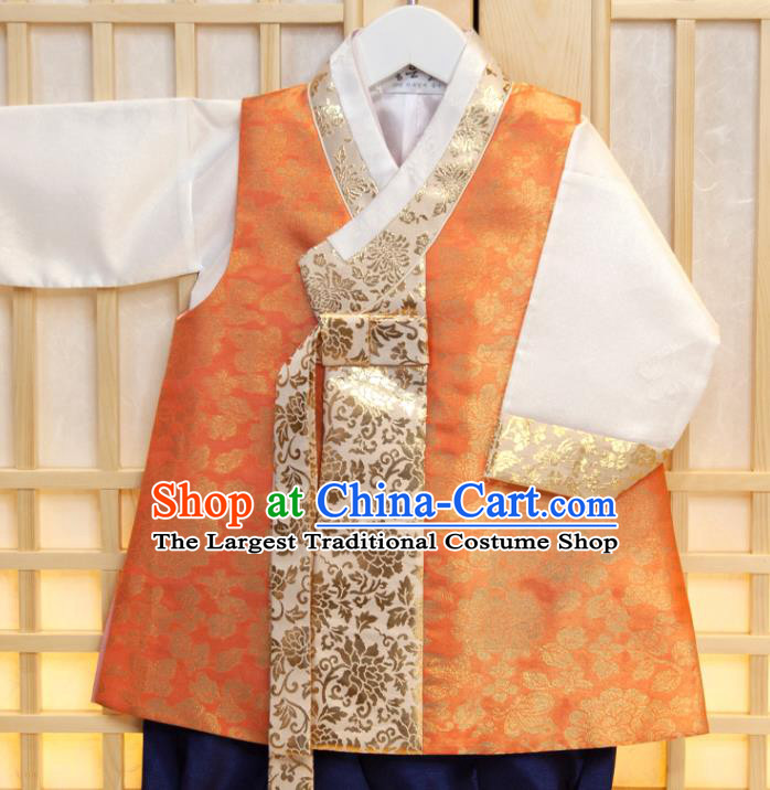Korean Boys Prince Birthday Hanbok Costumes Korea Traditional Fashion Clothing Children Garment Orange Vest White Shirt and Navy Pants