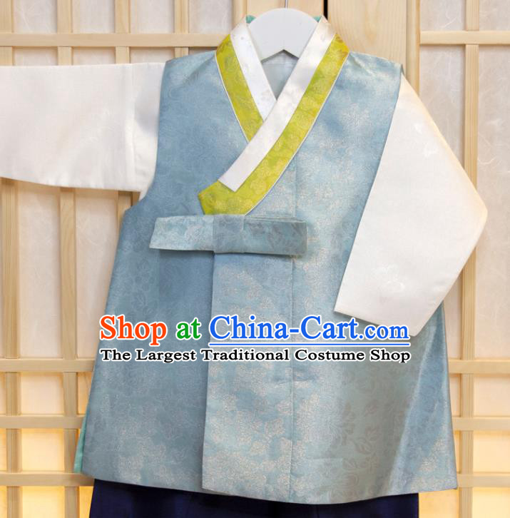 Korea Traditional Fashion Clothing Korean Children Garment Blue Vest White Shirt and Navy Pants Boys Prince Birthday Hanbok Costumes