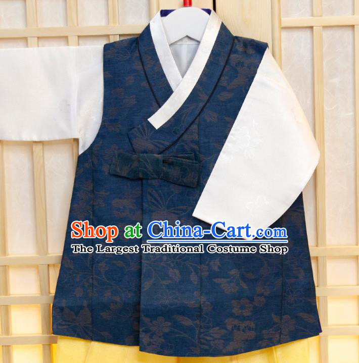 Korea Traditional Hanbok Clothing Children Garment Navy Vest White Shirt and Yellow Pants Korean Boys Prince Birthday Fashion Costumes