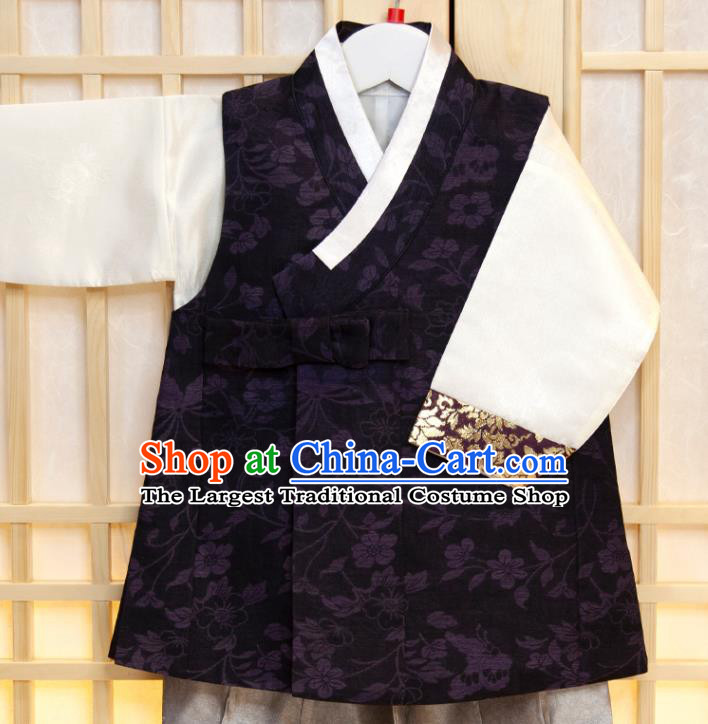 Korean Boys Prince Birthday Fashion Costumes Korea Traditional Hanbok Clothing Children Garment Black Vest White Shirt and Grey Pants