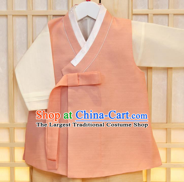 Korean Children Pink Vest Beige Shirt and Yellow Pants Traditional Garment Costumes Boys Prince Birthday Fashion Korea Hanbok Clothing