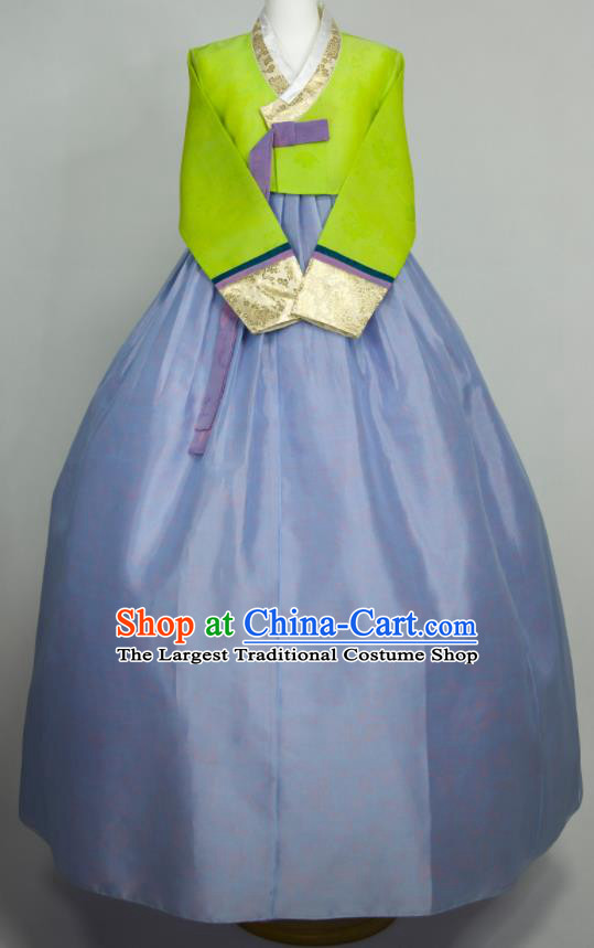 Korean Elderly Woman Hanbok Green Blouse and Blue Dress Wedding Bride Mother Fashion Costumes Traditional Festival Clothing