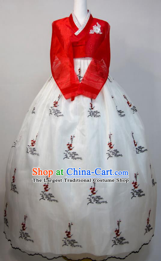 Korean Wedding Bride Fashion Costumes Traditional Festival Clothing Young Woman Hanbok Red Blouse and White Dress