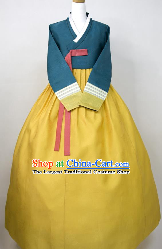 Korea Celebration Fashion Costumes Classical Hanbok Blue Blouse and Yellow Dress Korean Traditional Wedding Mother Clothing