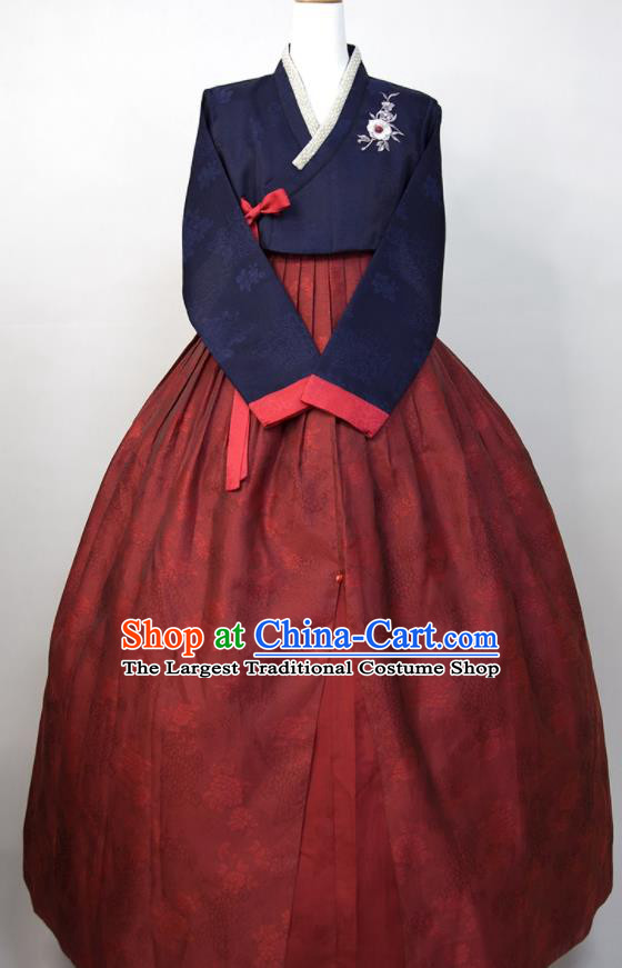 Korea Classical Hanbok Navy Blouse and Dark Red Dress Korean Traditional Wedding Mother Clothing Celebration Fashion Costumes
