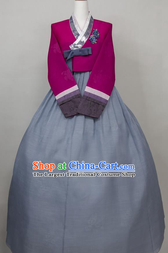 Korea Wedding Celebration Mother Fashion Costumes Korean Elderly Woman Classical Hanbok Purple Blouse and Blue Dress Traditional Festival Clothing