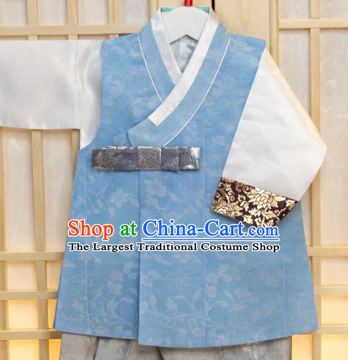 Korea Children Garment Blue Vest White Shirt and Grey Pants Korean Boys Prince Birthday Fashion Costumes Traditional Hanbok Clothing