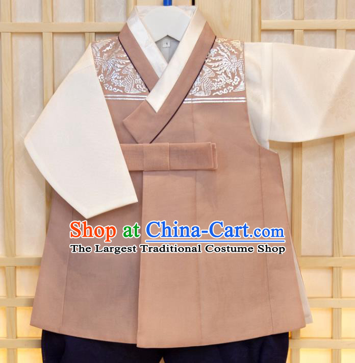 Korea Traditional Garment Costumes Hanbok Clothing Boys Prince Fashion Korean Children Festival Khaki Vest Beige Shirt and Navy Pants