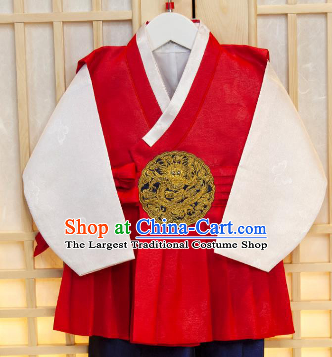 Korea Children Red Vest White Shirt and Navy Pants Traditional Garment Costumes Korean Boys Prince Birthday Fashion Hanbok Clothing