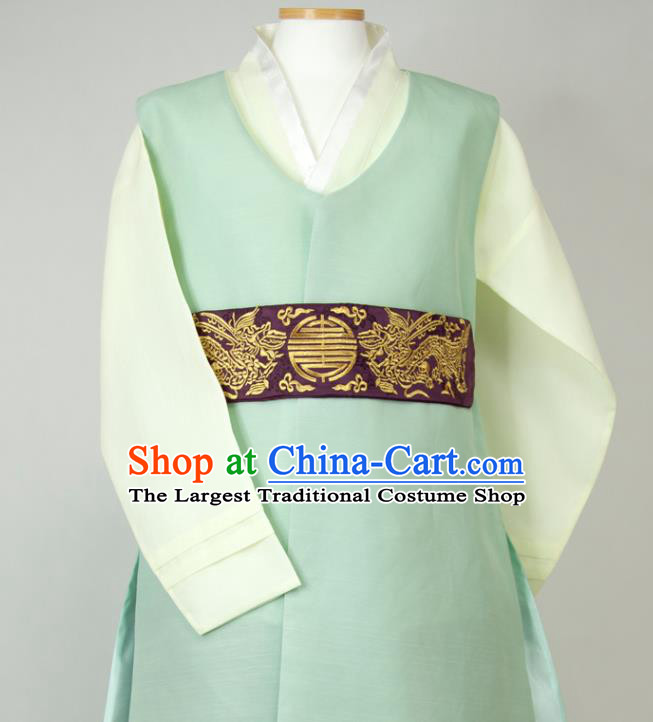 Korean Traditional Costumes Korea Classical Wedding Bridegroom Clothing Young Male Hanbok Green Long Vest Beige Shirt and Grey Pants
