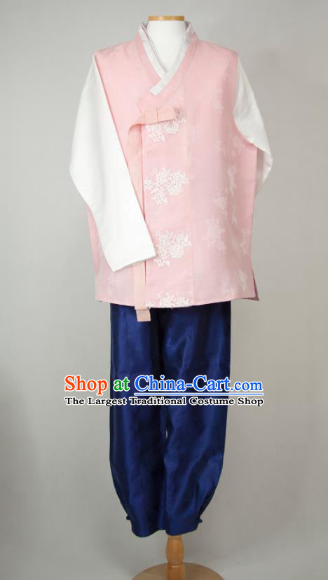 Korea Traditional Costumes Classical Wedding Bridegroom Clothing Korean Hanbok Young Male Pink Vest White Shirt and Navy Pants