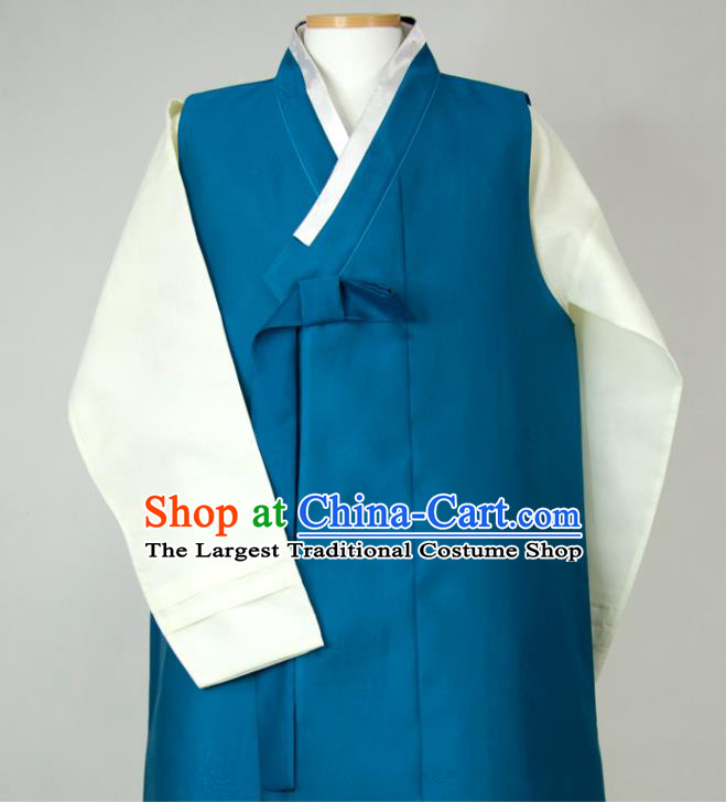 Korea Young Male Blue Long Vest White Shirt and Grey Pants Traditional Costumes Classical Wedding Bridegroom Clothing Korean Hanbok