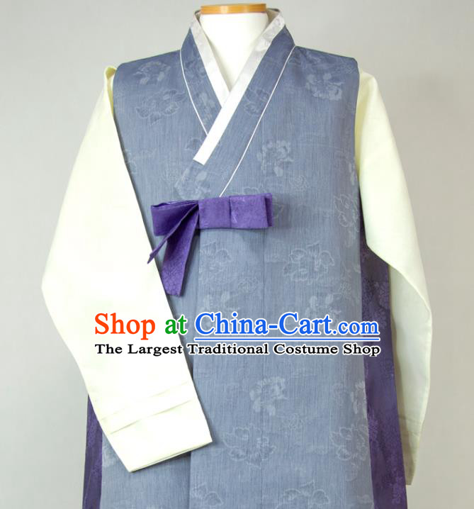 Korea Traditional Costumes Classical Wedding Bridegroom Clothing Korean Hanbok Young Male Blue Long Vest White Shirt and Grey Pants