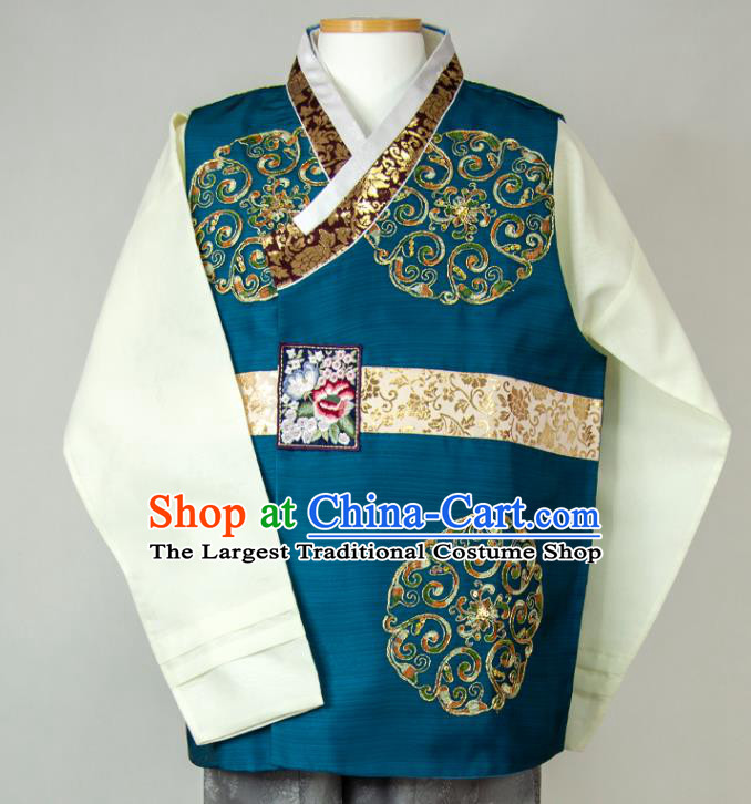 Korean Bridegroom Clothing Wedding Hanbok Korea Young Man Blue Vest Beige Shirt and Grey Pants Traditional Festival Costumes