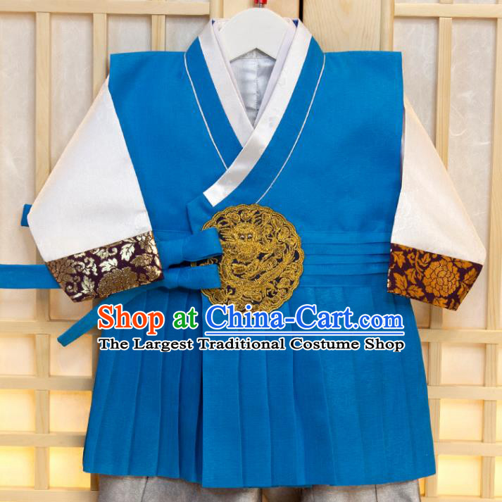 Korea Boys Prince Birthday Fashion Children Blue Vest White Shirt and Grey Pants Traditional Garment Costumes Korean Hanbok Clothing