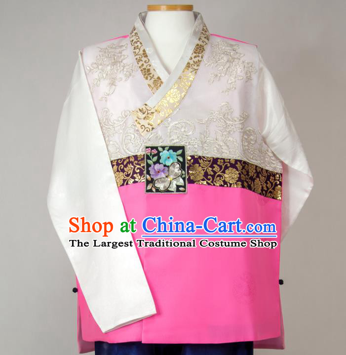 Korea Wedding Hanbok Young Man Embroidered Shirt and Navy Pants Korean Traditional Festival Costumes Bridegroom Clothing