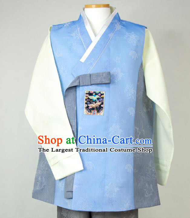 Korean Traditional Festival Costumes Korea Bridegroom Clothing Wedding Hanbok Young Man Blue Vest Beige Shirt and Grey Pants