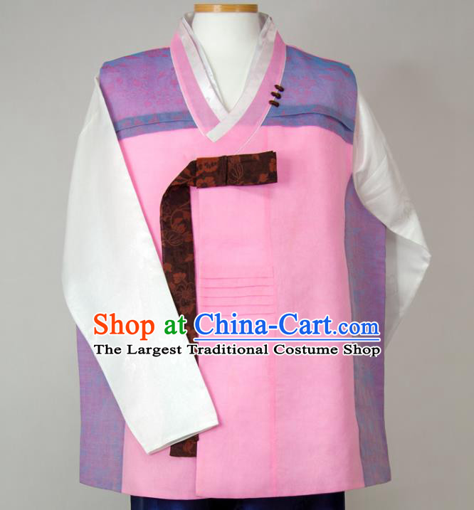 Korean Young Man Pink Vest White Shirt and Navy Pants Traditional Festival Costumes Korea Bridegroom Clothing Wedding Hanbok