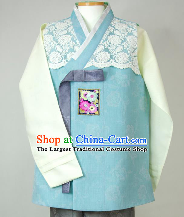 Korean Wedding Hanbok Young Man Blue Vest Beige Shirt and Grey Pants Traditional Festival Costumes Korea Bridegroom Clothing