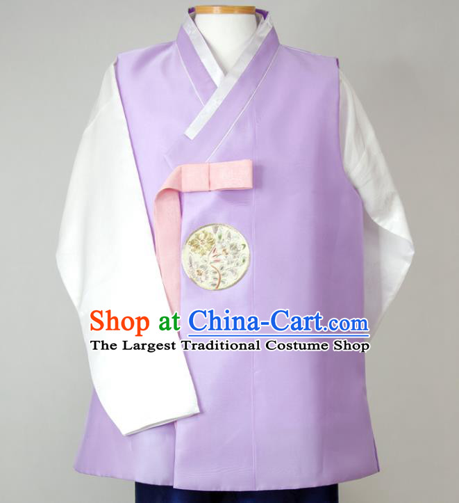 Korea Bridegroom Clothing Korean Wedding Hanbok Young Man Lilac Vest White Shirt and Navy Pants Traditional Festival Costumes