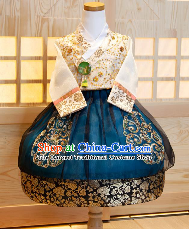 Korea Girl Festival Fashion White Shirt and Blue Dress Korean Traditional Garment Costumes Children Princess Hanbok Clothing