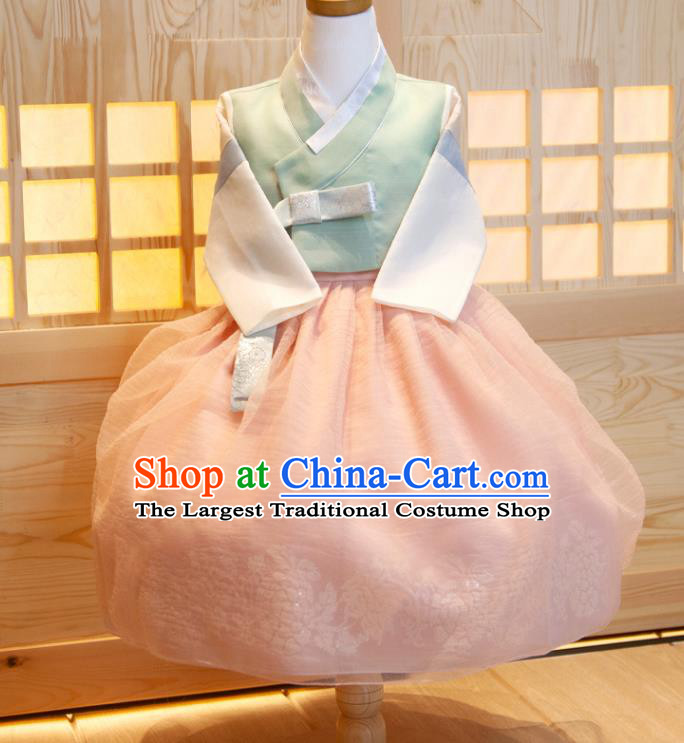 Korean Traditional Garment Costumes Korea Children Princess Hanbok Clothing Girl Festival Fashion Green Shirt and Pink Dress
