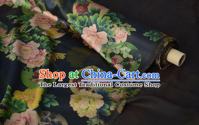 Chinese Classical Peony Pattern DIY Fabric Silk Fabric Black Gambiered Guangdong Gauze High Quality Cheongsam Cloth