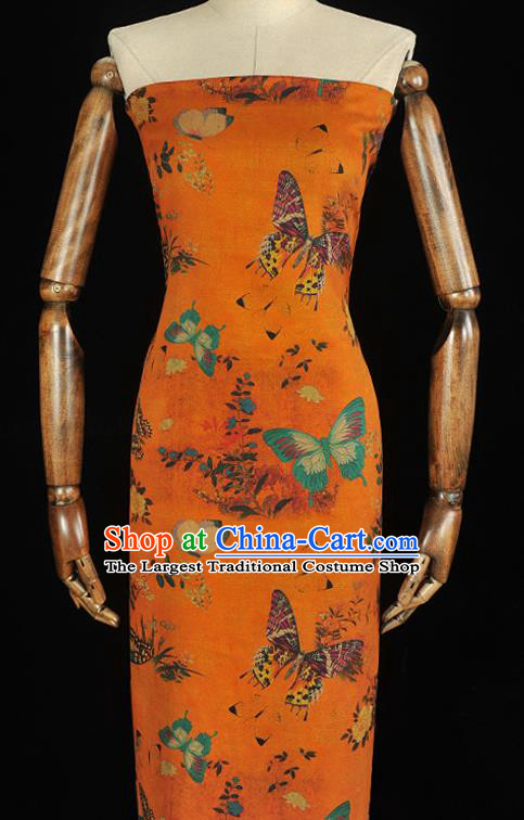 Chinese Traditional Butterfly Pattern Dress Fabric DIY Cheongsam Silk Cloth Orange Gambiered Guangdong Gauze