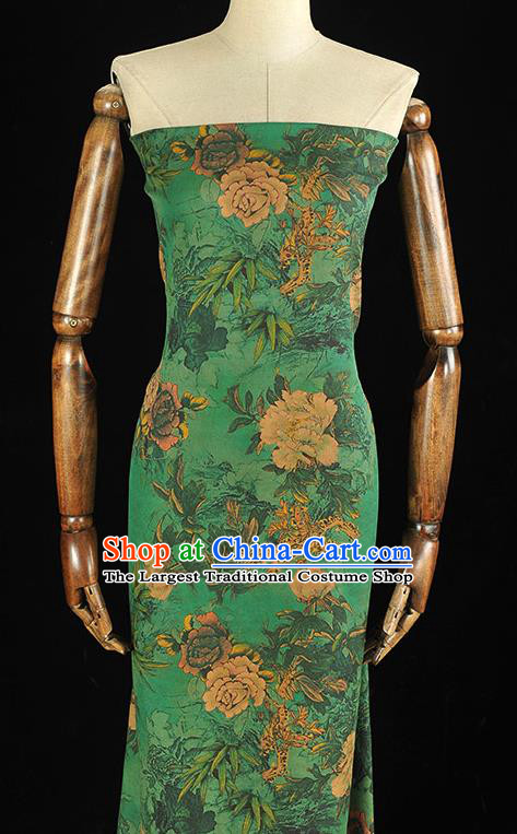 Chinese Traditional Peony Pattern DIY Fabric Green Gambiered Guangdong Gauze Cheongsam Silk Cloth