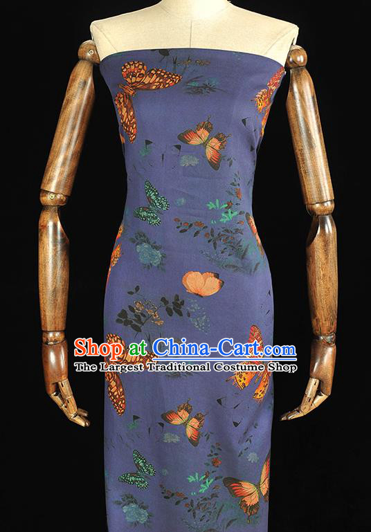 Chinese DIY Cheongsam Silk Cloth Blue Gambiered Guangdong Gauze Traditional Butterfly Pattern Dress Fabric