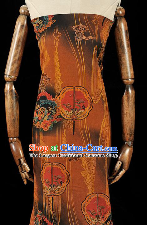 Chinese Traditional Palace Fan Pattern Dress Fabric DIY Cheongsam Silk Cloth Brown Gambiered Guangdong Gauze