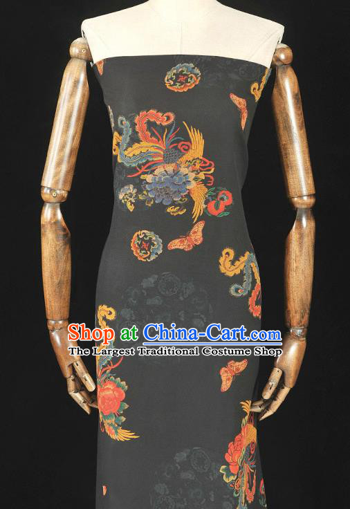 Chinese Cheongsam Silk Cloth Black Gambiered Guangdong Gauze Traditional Phoenix Pattern Dress Fabric