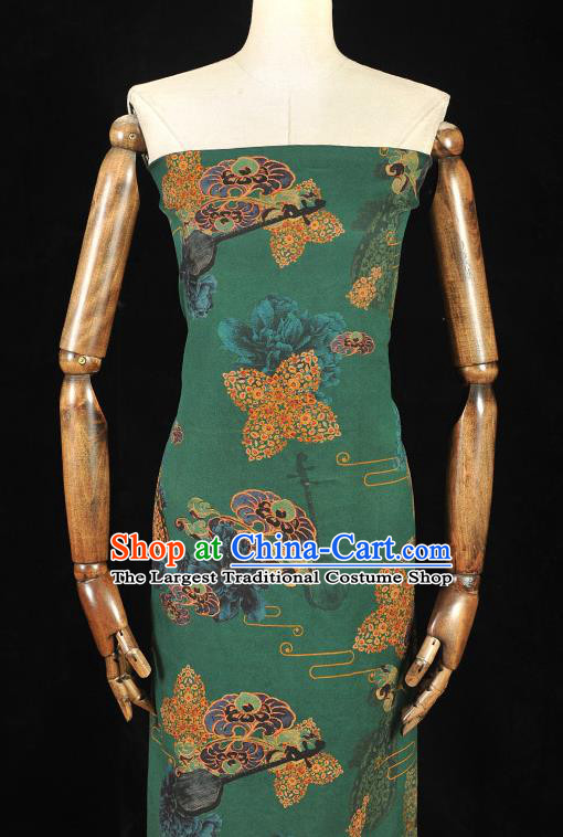 Chinese Green Gambiered Guangdong Gauze Traditional Pipa Lute Pattern Dress Fabric Cheongsam Silk Cloth